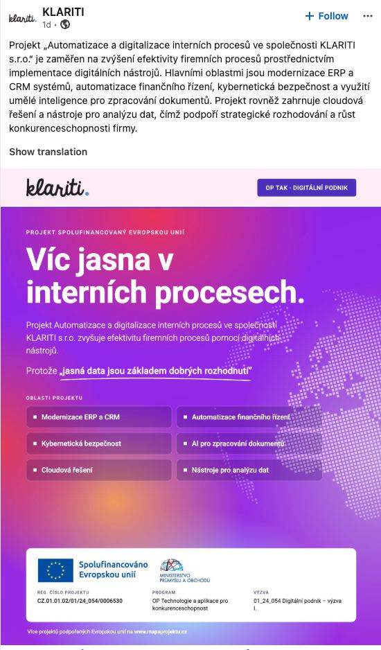 Snímek zveřejněného příspěvku společnosti KLARITI na LinkedInu o automatizaci a digitalizaci interních procesů. Text příspěvku je dostupný také v textové podobě na této stránce.